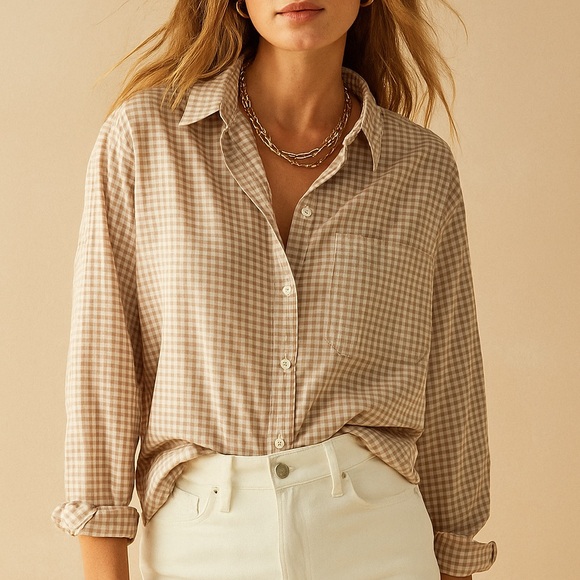 Unsubscribed Tan and White Gingham 100% Cotton Button-Up Shirt Size Small NWT - Picture 3 of 10